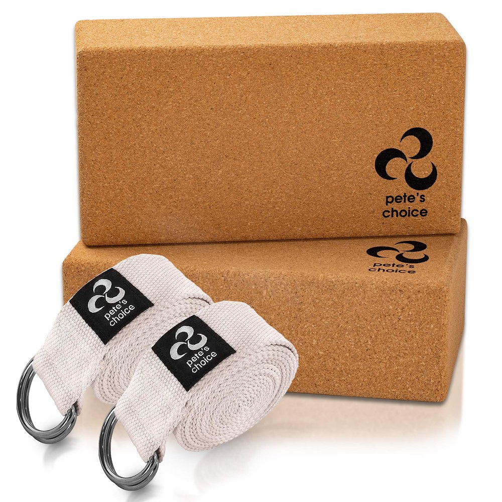 Pete's Choice Cork Yoga Blocks & Straps (2 of each) - Extra Firm, Eco Friendly, Natural Cork, Cotton Straps - Home Yoga Kit