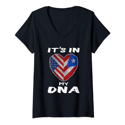 Womens It's In My DNA Puerto Rico Flag - Puerto Rican Fingerprint V-Neck T-Shirt