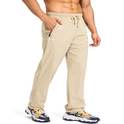 Pudolla Men's Workout Athletic Pants Elastic Waist Jogging Running Pants for Men with Zipper Pockets(Khaki Small)