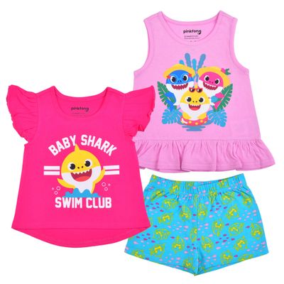 Nickelodeon Baby Shark Girls T-Shirt, Tank Top and Short Set for Infant and Toddler Pink/Blue Or Multicolor/Grey/Blue