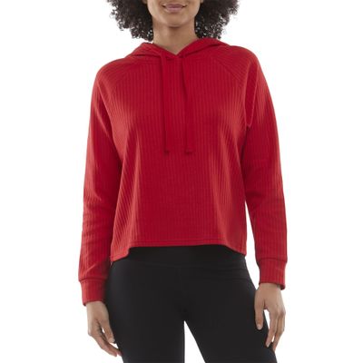 Danskin Women's Active Ribbed Pullover Hoodie Sweatshirt, Brilliant Red, Large