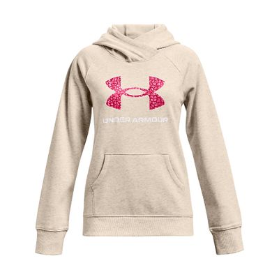 Under Armour Girls' Rival Fleece Core Logo Hoodie, Oatmeal Light Heather (783)/Cerise, Youth X-Small