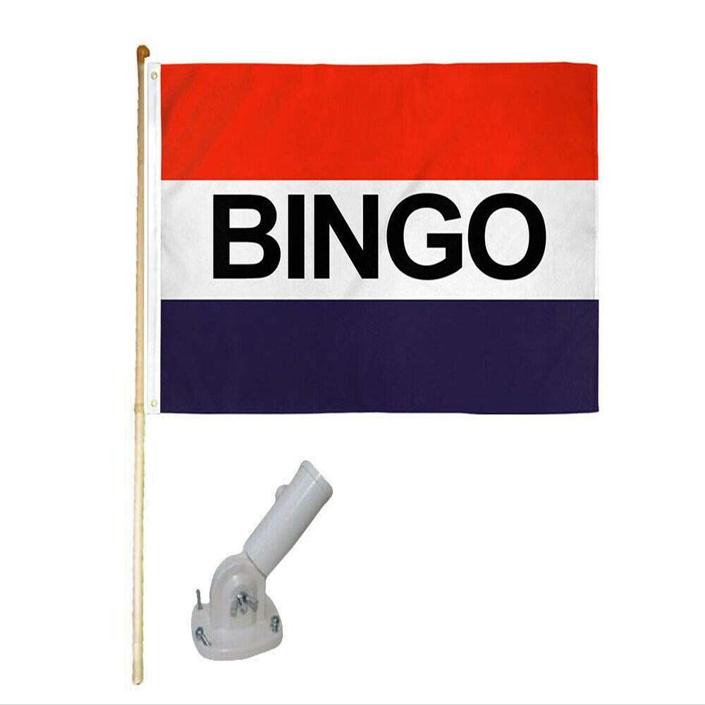American Wholesale Superstore 5' Wooden Flag Pole Kit W/Nylon White Bracket 3x5 Bingo RWB Polyester Flag