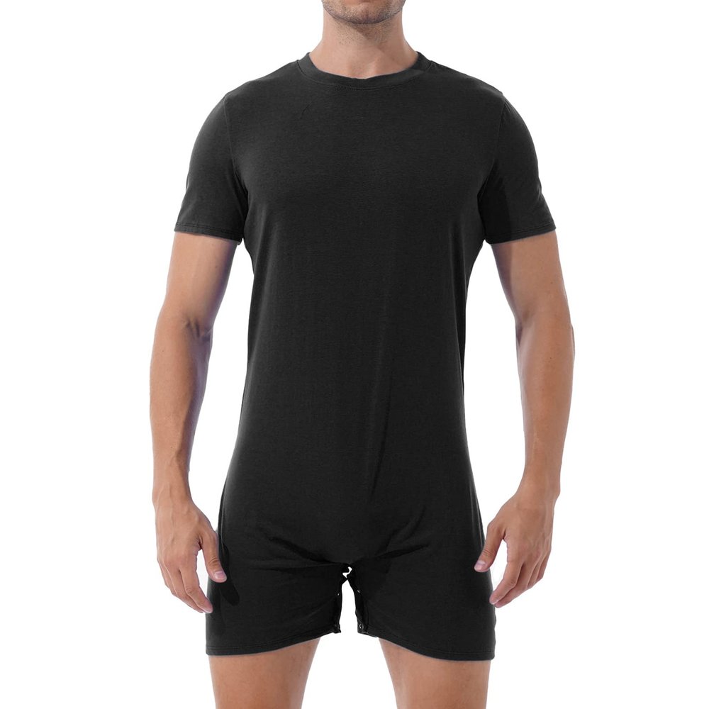 dPois Men's Short Sleeve Bodysuit Casual Sports Gymnastics Workout Dance Zipper Jumpsuit Black XX-Large
