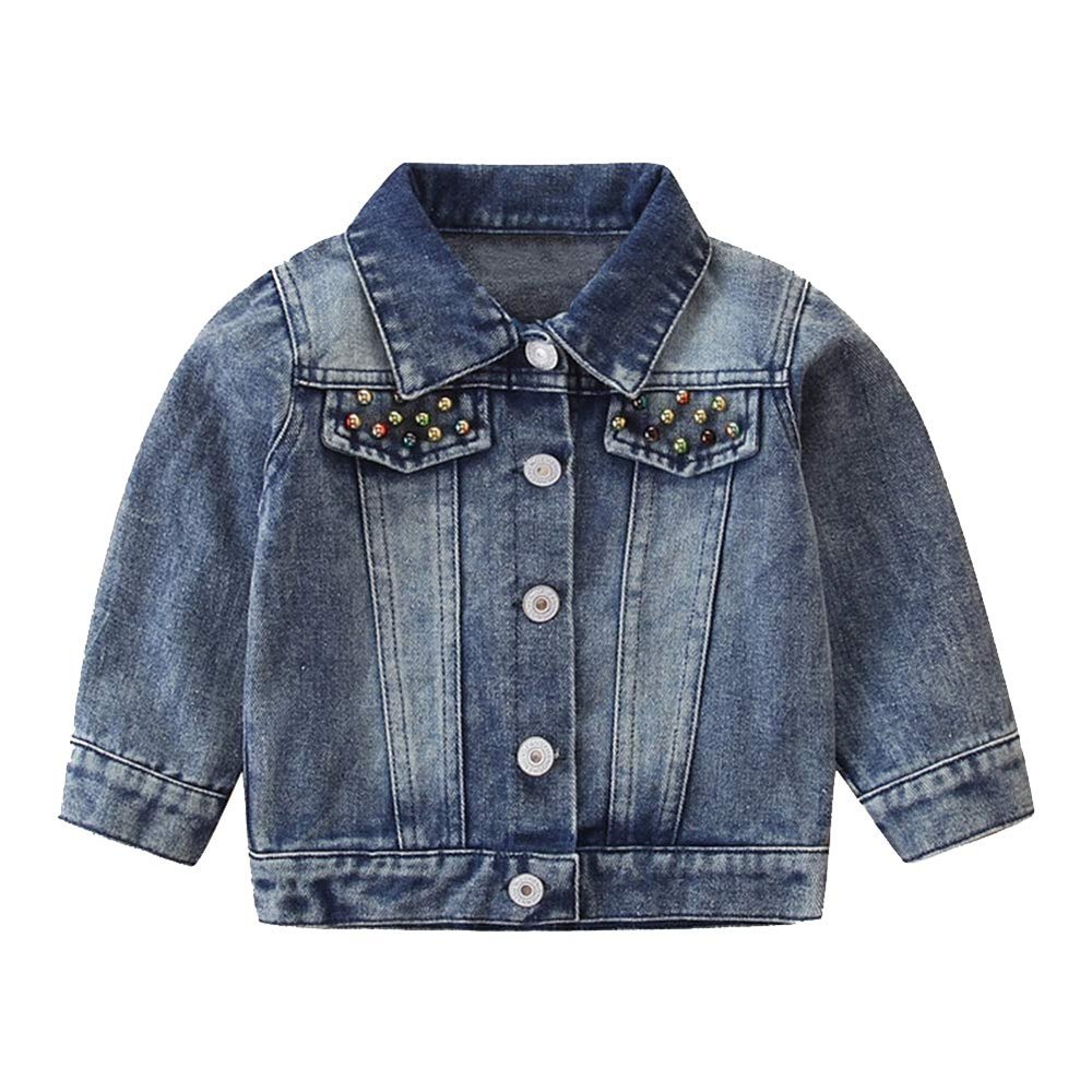 IMEKIS Toddler Baby Denim Jackets Button Down Jeans Coat Ripped Top Fall Cowboy Outwear Clothes for Kids Girls Boys Outfit Spring Autumn Casual Trendy Trucker Jackets Blue + Pink Heart 2-3T