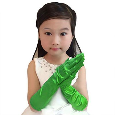 Little Girls Princess Dress Up Gloves Elbow Length Satin Gloves for Flower Girls Princess Cosplay Costume Party Dance (Green)