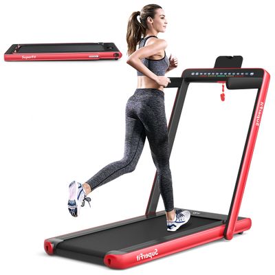 Byroce Adjustable Folding Treadmill, 2.25HP Speed Adjustable Under-Desk Electric Treadmill with Folding Handrails, Bluetooth Speaker, Remote Control and LED Display, Use Jogging Machine (Red)