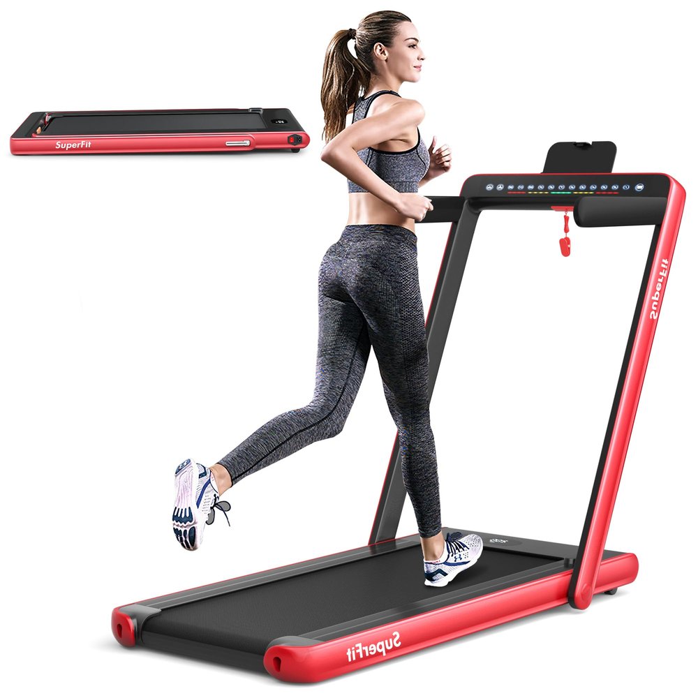 Byroce Adjustable Folding Treadmill, 2.25HP Speed Adjustable Under-Desk Electric Treadmill with Folding Handrails, Bluetooth Speaker, Remote Control and LED Display, Use Jogging Machine (Red)