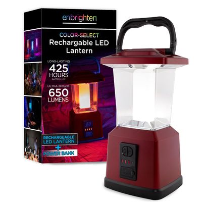 Enbrighten Dual Power Color Changing LED Rechargeable Lantern, USB Power Bank, 4400mAh, 650 Lumens, Dimmable, 425 Hours, Ideal for Camping, Outdoor, Emergency Weather, Storms, Red, 52704, 11"