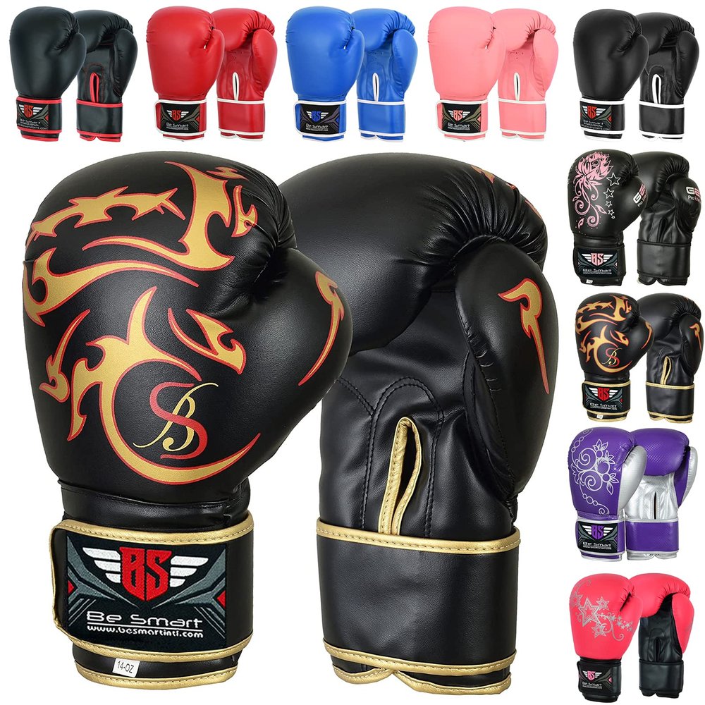 Be Smart Kids Boxing Gloves 4-12 Years 4oz 6oz Training Gloves for Children Sparring Youth Boxing Gloves Junior Training Mitts Punch PU Leather MMA Muay Thai Kick Boxing (Black Gold Tatoo, 6 Oz)