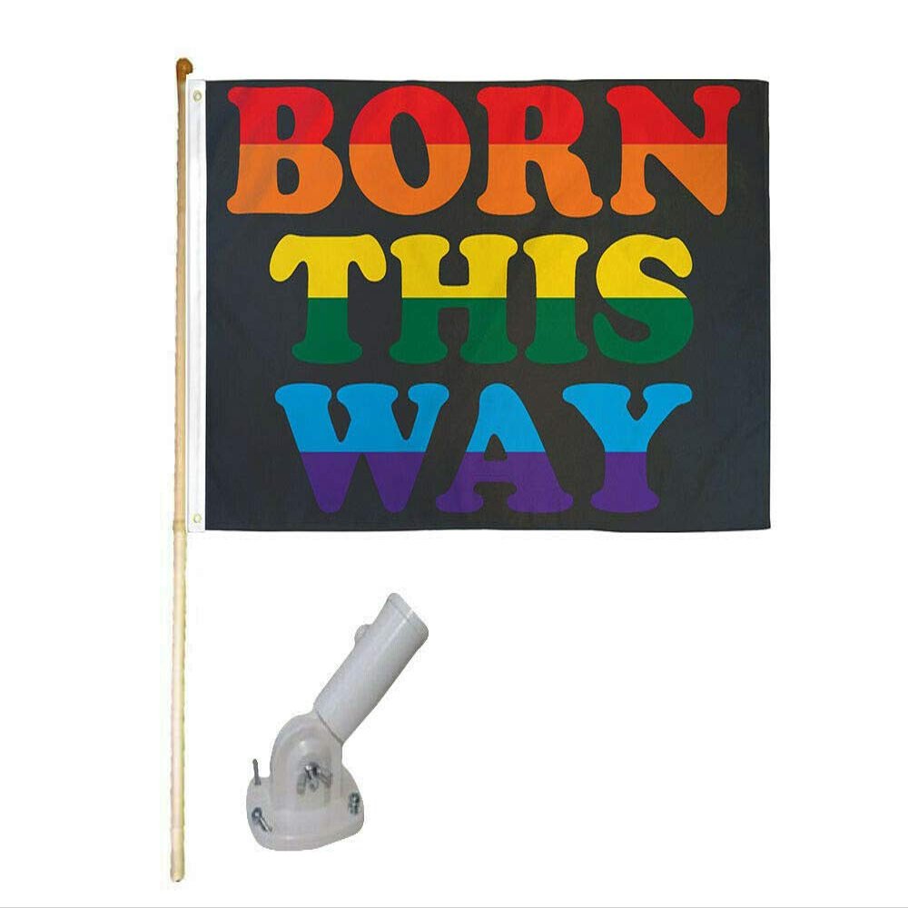 5' Wood Flag Pole Kit W/Nylon White Bracket 3x5 Born This Way Rainbow Poly Flag
