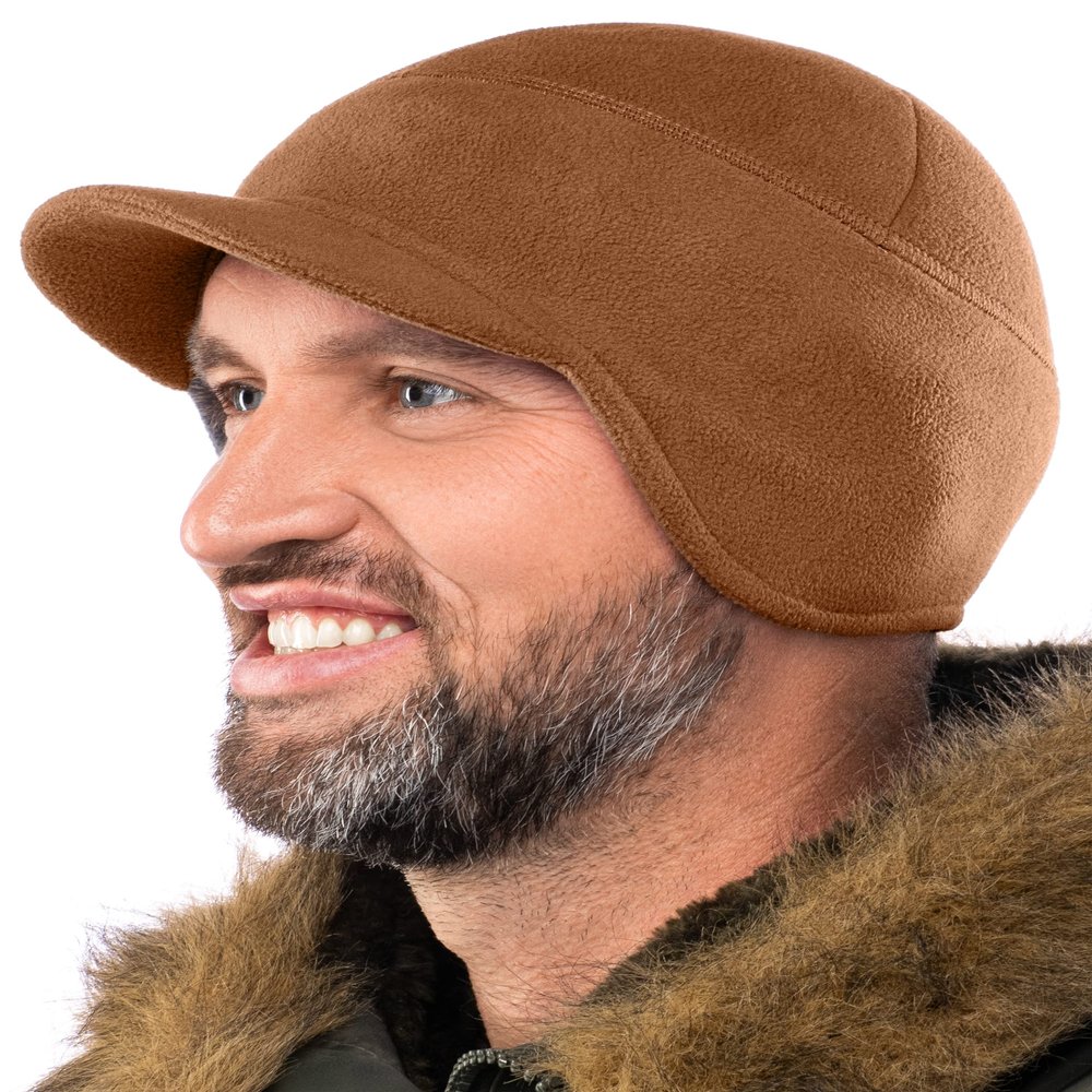 2SBR 2SABERS Fleece Winter Beanie with Visor - Men Women - Earflap Brim Skull Watch Cap Hat Coyote