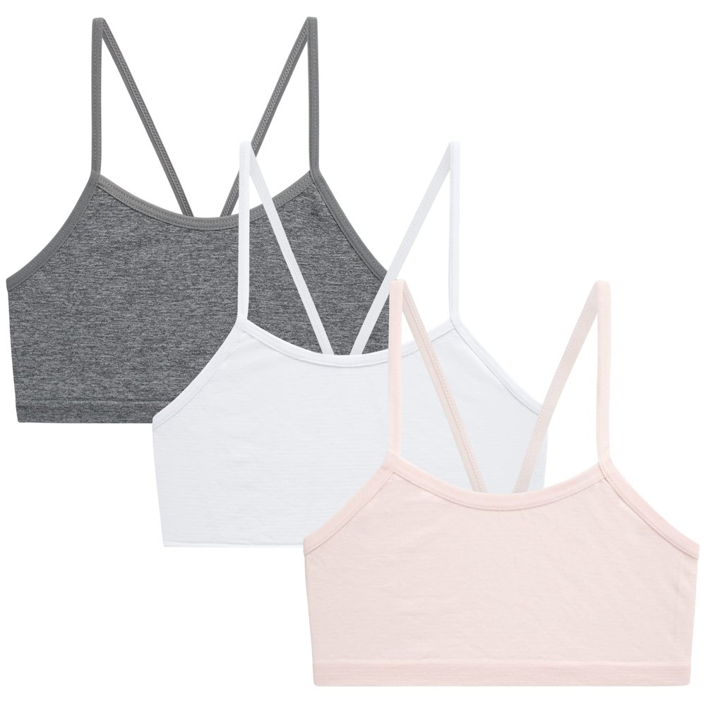 Rene Rofe Girls Training Bra - 3 Pack Stretch Cami Bralette - Spaghetti Strap Starter Bras for Girls, Size 14, Heather Grey/White/Blush