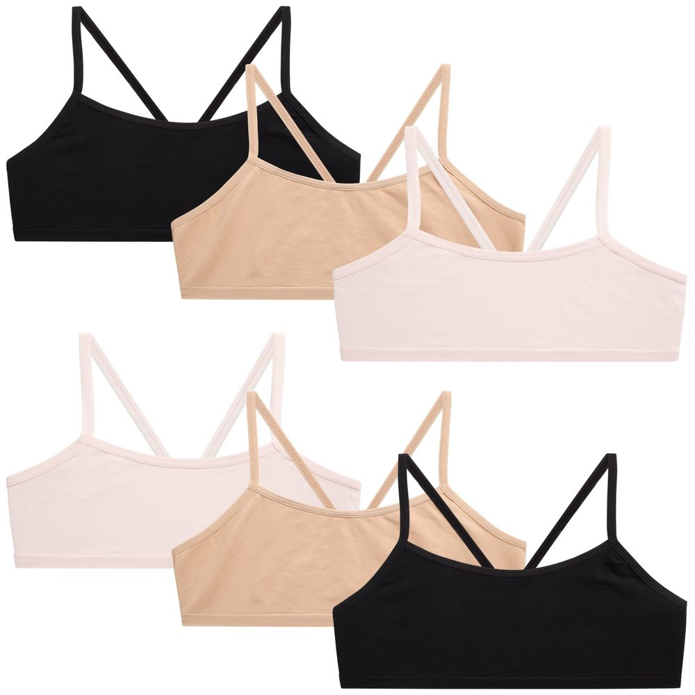 Rene Rofe Girls' Training Bra - 6 Pack 4-Way Stretch Spaghetti Strap Unpadded Bralette Starter Bras for Girls (7-14), Size 14, Black/Nude/Blush