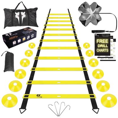 LYKAN FIT 20ft Sports Agility Ladder for Men Women and Kids, Speed Youth Soccer Agility Training Equipment for Football, Exercise, Tennis, Legs Workout with Speed Parachute and Carry Bag