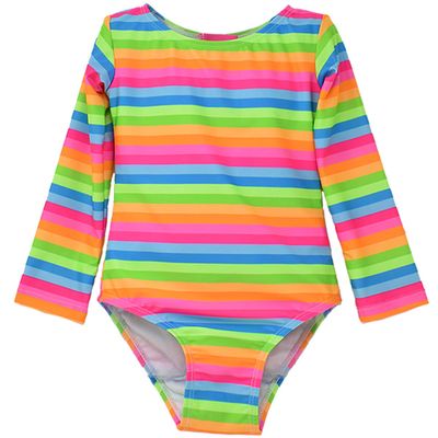 Flap Happy Toddler Rash Guard | One Piece Rash Guard Swimsuit| Made from Recycled Bottles | UPF 50+ Highest Certified UV Sun Protection, Neon Stripe, 8