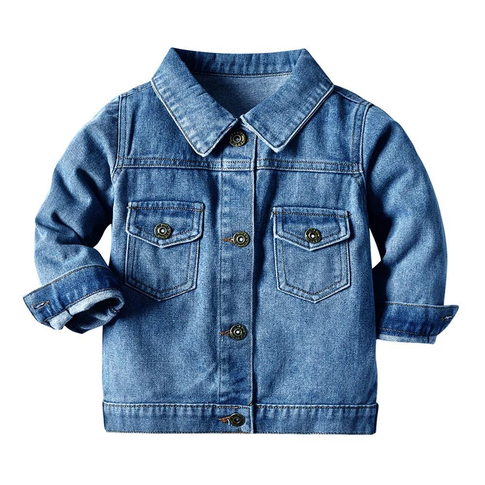 IDOPIP Toddler Kids Baby Boys Girls Denim Jacket Long Sleeve Button Down Jeans Coat Ripped Distressed Trucker Jackets Cowboy Overcoat Basic Casual Outwear with Pockets Blue 02 2-3 Years