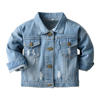 IDOPIP Toddler Kids Baby Boys Girls Denim Jacket Long Sleeve Button Down Jeans Coat Ripped Distressed Trucker Jackets Cowboy Overcoat Basic Casual Outwear with Pockets Blue 01 6-12 Months