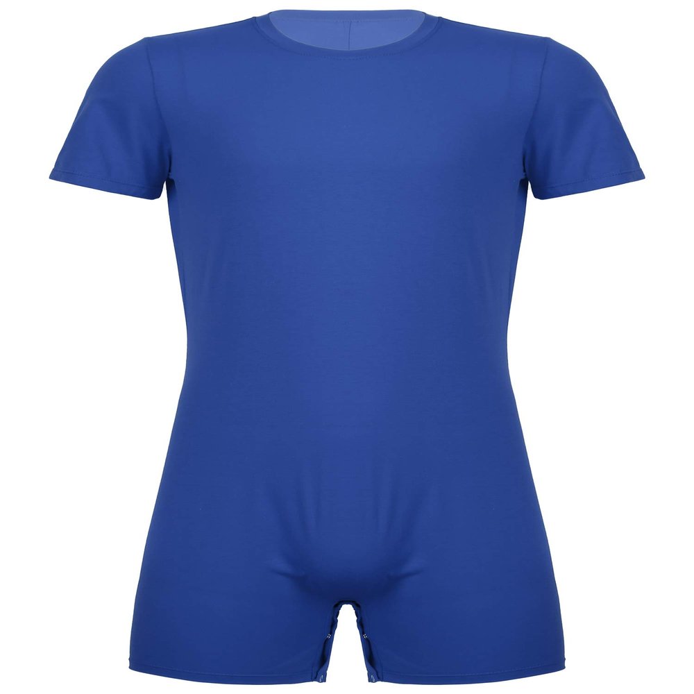 Alvivi Men's Short Sleeves Zipper Shirt Top Boxer Briefs Workout Gymnastics Leotard Bodysuit Blue(Crotch) Large