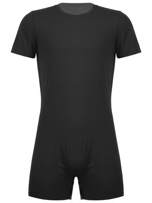 Alvivi Men's Short Sleeves Zipper Shirt Top Boxer Briefs Workout Gymnastics Leotard Bodysuit Black(Crotch) Large
