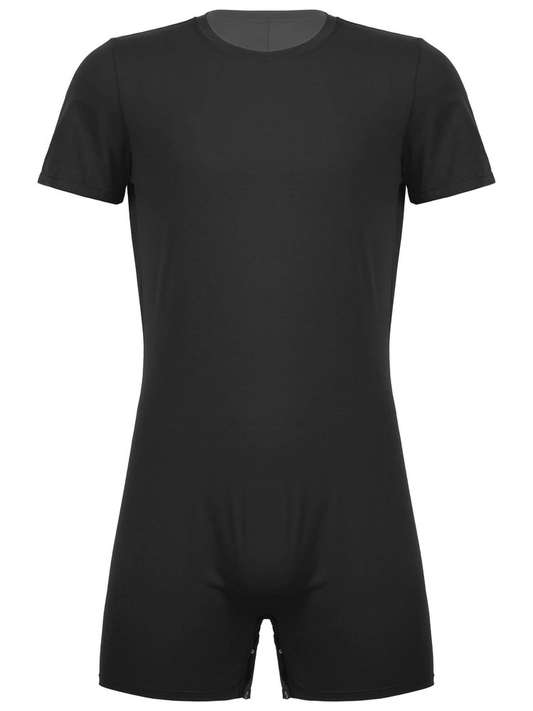 Alvivi Men's Short Sleeves Zipper Shirt Top Boxer Briefs Workout Gymnastics Leotard Bodysuit Black(Crotch) Large