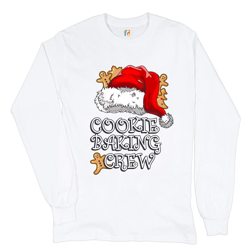Tee Hunt Cookie Baking Crew Long Sleeve T-Shirt Santa's Hat Christmas Gingerbread Men White Small