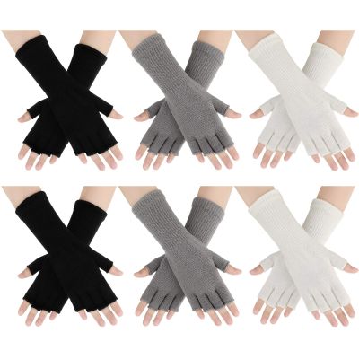 Geyoga 6 Pairs Winter Fingerless Gloves for Women Unisex Finger Gloves Warm Stretchy Knit Fingerless Glove 8.6 Inches(Black, White, Light Gray)