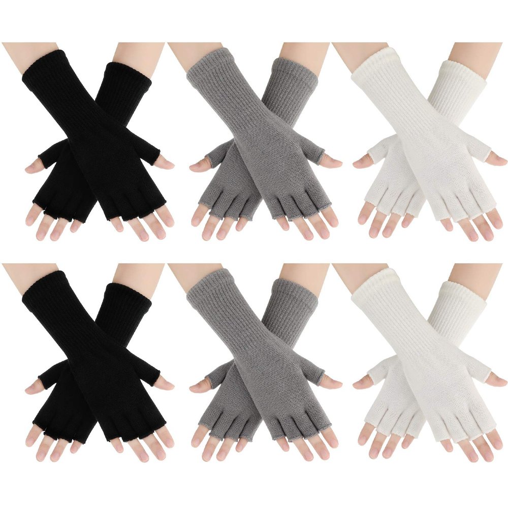 Geyoga 6 Pairs Winter Fingerless Gloves for Women Unisex Finger Gloves Warm Stretchy Knit Fingerless Glove 8.6 Inches(Black, White, Light Gray)