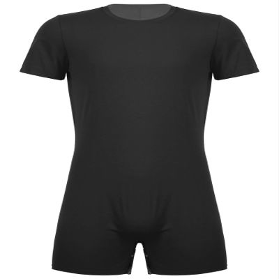 Alvivi Men's Short Sleeves Zipper Shirt Top Boxer Briefs Workout Gymnastics Leotard Bodysuit Black(Crotch) XX-Large