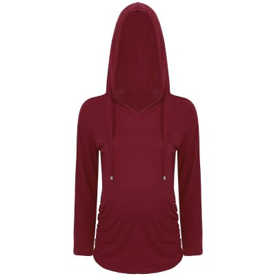 Yartina Maternity Hoodie Long Sleeve Shirts Casual V Neck Top Pregnancy Sweatshirt Tunics Red Small