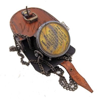 Brass Engraved Compass with Bible Verse for I Am The Lord, Your God Isaiah 41:13 | Working Nautical Compass with Leather Case | 2025 Graduation Gifts for Him, Baptism, Christian Gift