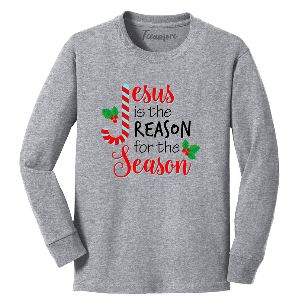 Jesus is The Reason for The Season Christmas Candy Cane Youth Boy Girl Long Sleeve T-Shirt