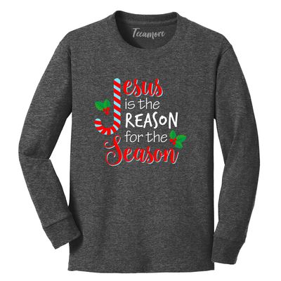 Jesus is The Reason for The Season Christmas Candy Cane Youth Boy Girl Long Sleeve T-Shirt