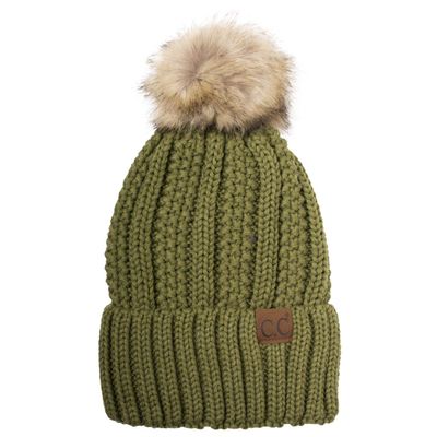 C.C Thick Cable Knit Faux Fuzzy Fur Pom Fleece Lined Skull Cap Cuff Beanie, Olive Green