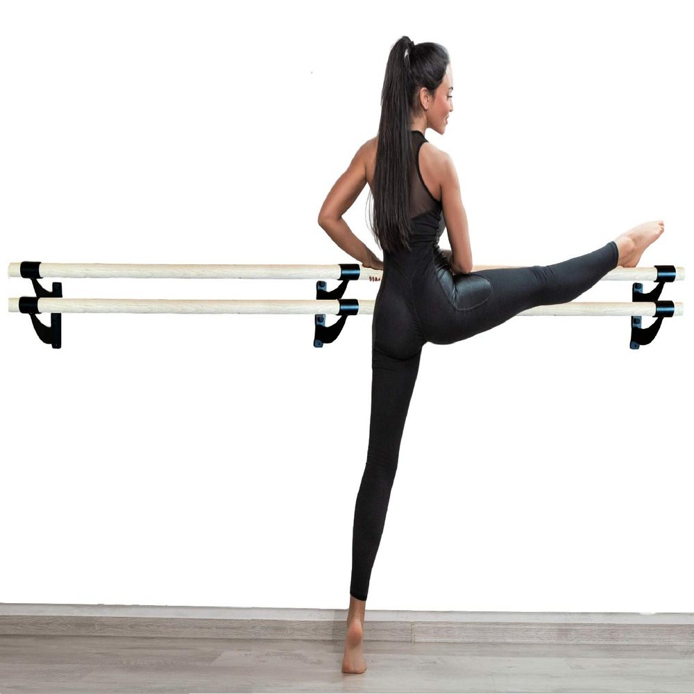 Athletic Bar Double Bar Fixed Height Wall Mount Ballet Barre System Traditional Wood, 6 FT Long, 1.5" Diameter (Black)