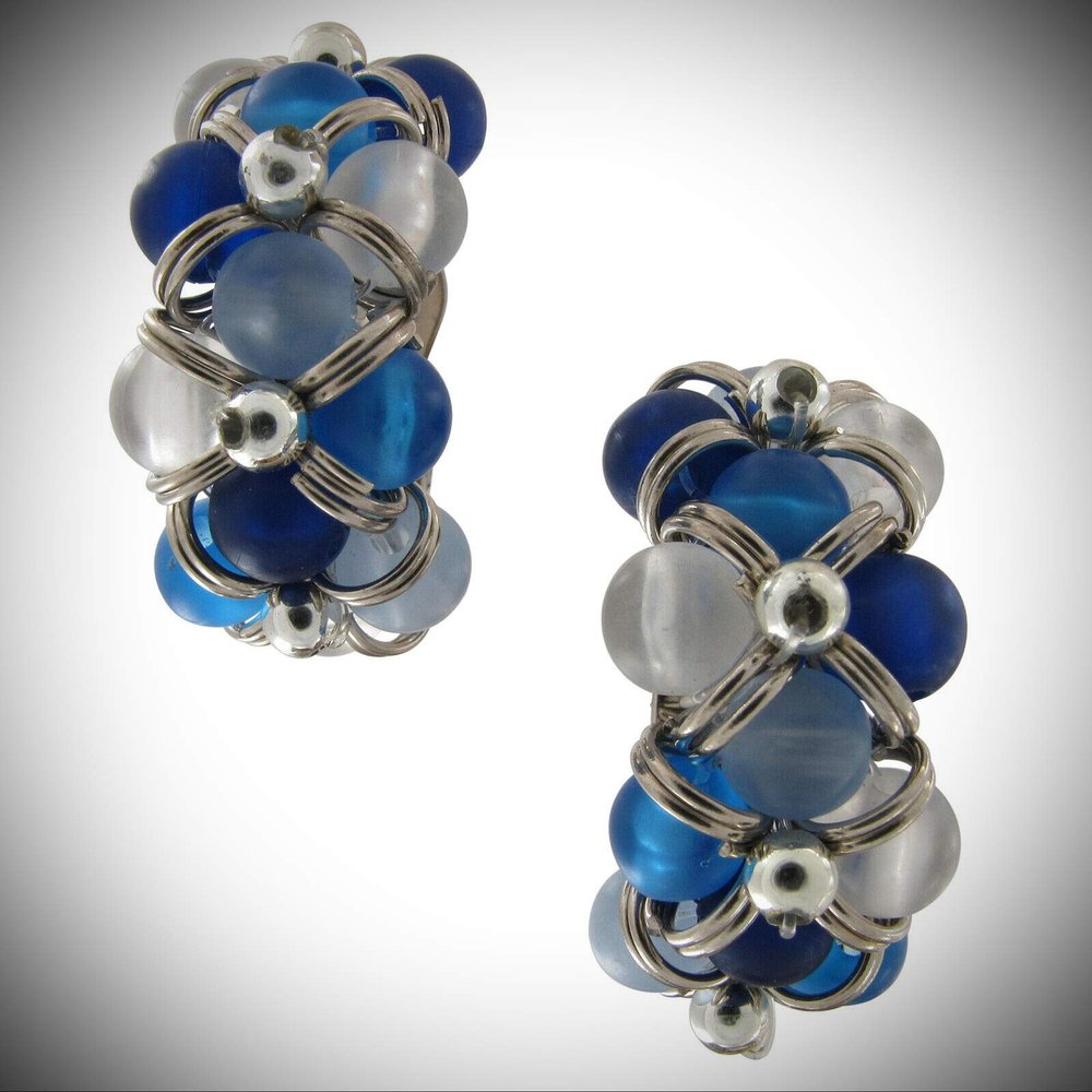 Blue Teal Purple White Frosted Beaded Silver Tone Clip Earrings For Women Statement Chunky Crystal Fashion Jewelry