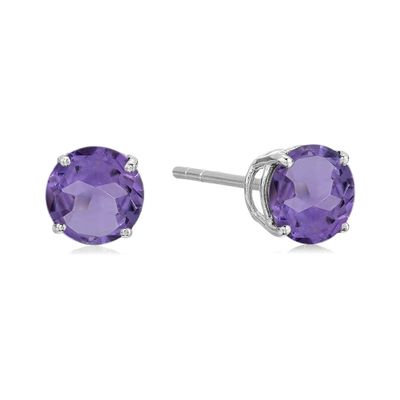 Sterling Silver Round Gemstone Birthstone Stud Earrings-Amethyst