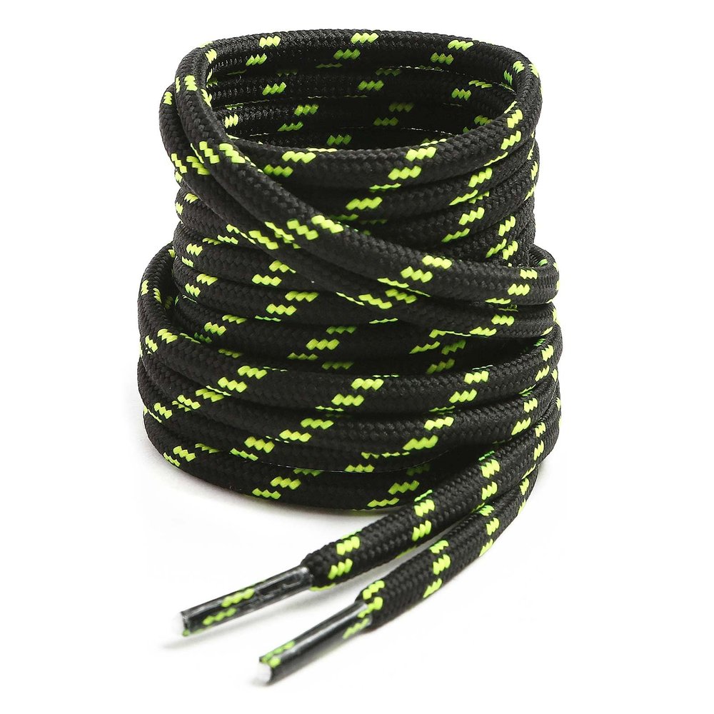 VSUDO 47 Inches Round Black Boot Laces, Heavy Duty Work Boot Shoe Laces for Men, 5/32 Inches Shoelaces for Women Outdoor Hiking Shoes [1 Pair-Black with Neon Green Dot-120CM]