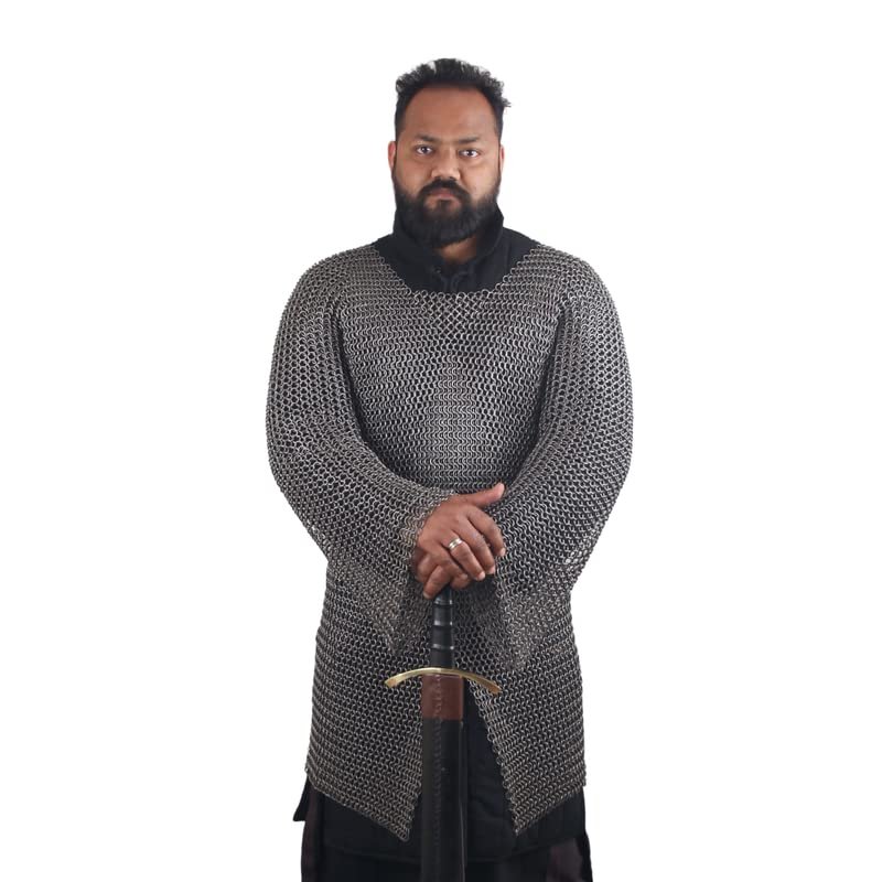 THE MEDIEVALS 10 MM ID Butted Chainmail Hauberk Full Sleeve Shirt Mild Steel - Natural Oiled Finish, X-Large