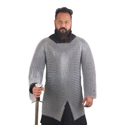 THE MEDIEVALS 10 MM ID Butted Chainmail Hauberk Full Sleeve Shirt Mild Steel - Zink Finish, X-Small