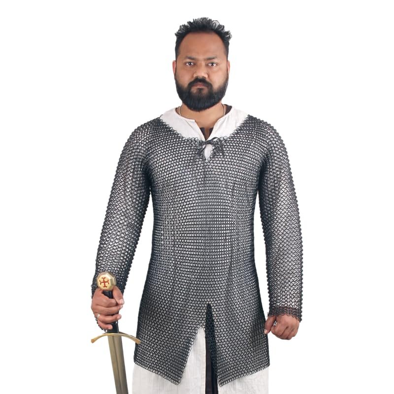 THE MEDIEVALS 10 MM ID Butted Chainmail Hauberk Full Sleeve Shirt Mild Steel - Blackened, X-Small