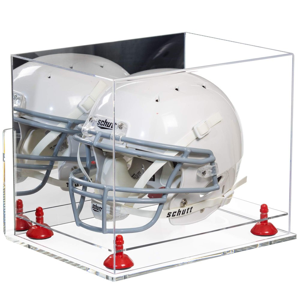Better Display Cases Acrylic Full-Size Football Helmet Display Case with Mirror, Red Risers, Clear Wall Mount and Clear Base (V44)