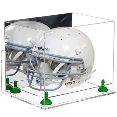 Better Display Cases Acrylic Full-Size Football Helmet Display Case with Mirror, Green Risers, Clear Wall Mount and Clear Base (V44)