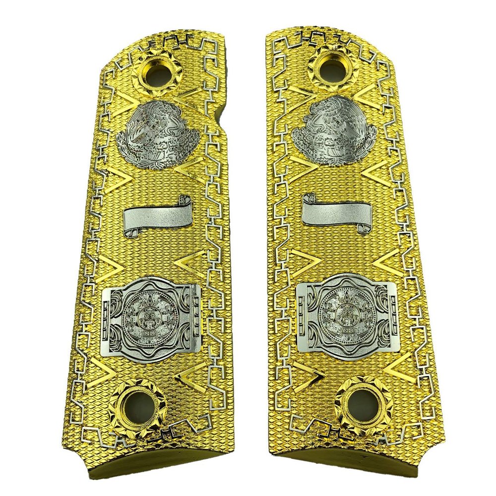 Custom Colt 1911 Grips Full Size Aztec Calendar Gold Nickel Plated 45/38 Super Commander