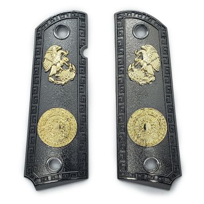 Custom Colt 1911 Grips Full Size Aztec Calendar Black Gold Plated 45/38 Super Commander