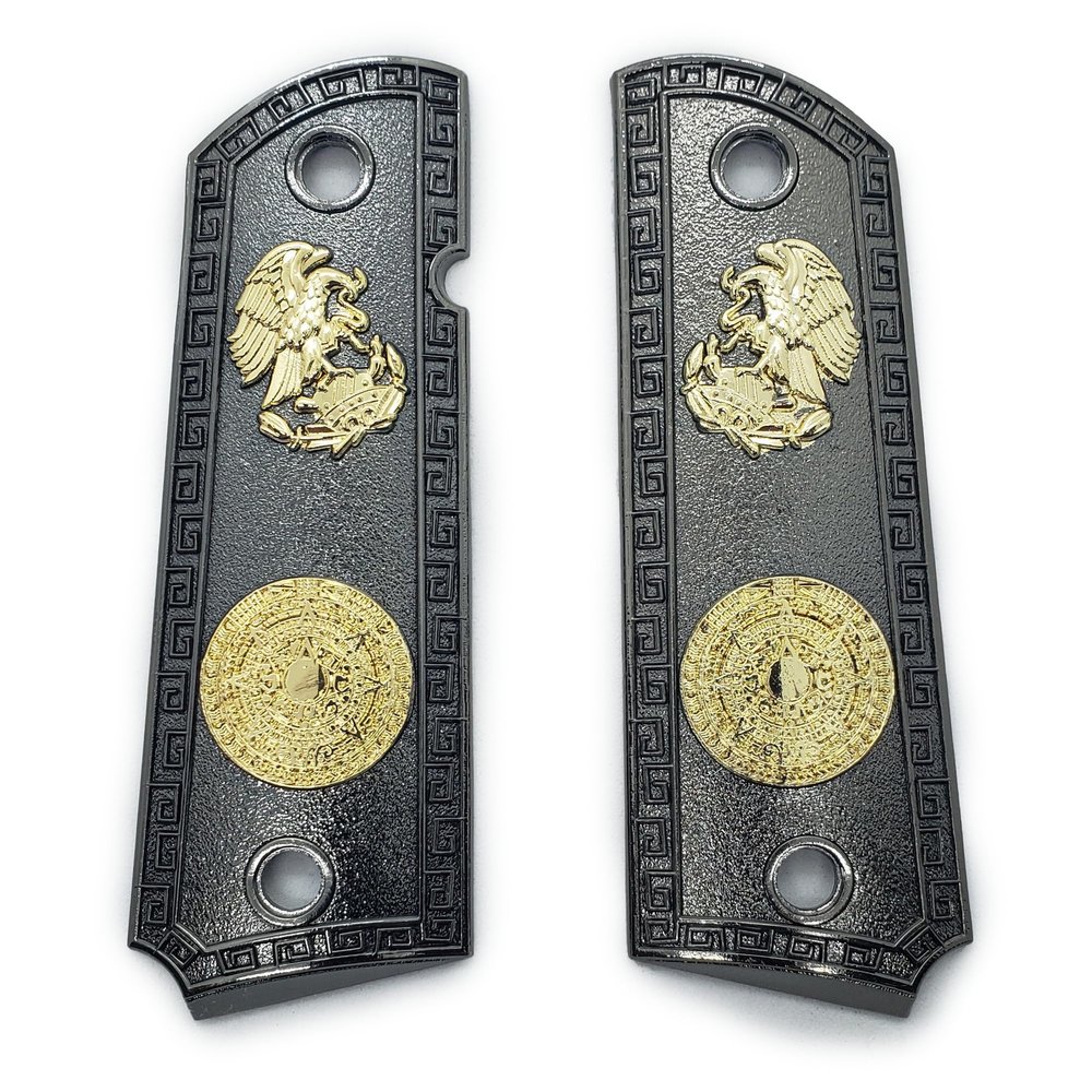 Custom Colt 1911 Grips Full Size Aztec Calendar Black Gold Plated 45/38 Super Commander