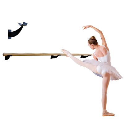 Athletic Bar Single Bar Fixed Height Wall Mount Ballet Barre System Traditional Wood, 8 FT Long, 2.0" Diameter Open Brackets Black