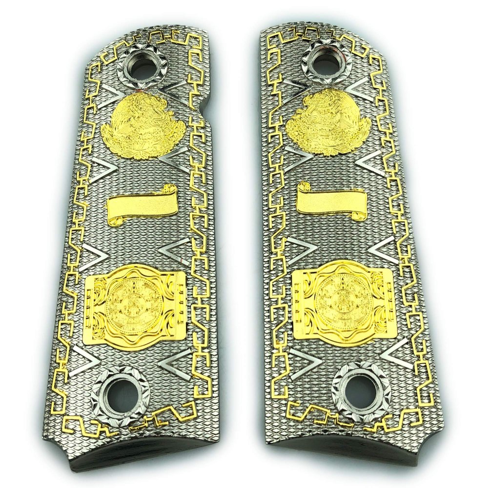 Custom 1911 Grips Full Size Aztec Calendar Nickel Gold Plated 45/38 Super Commander