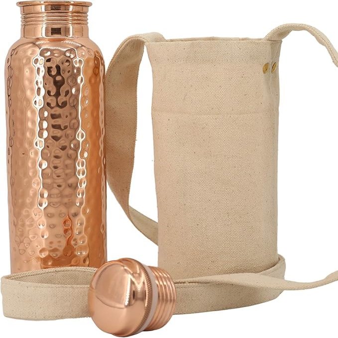 Kitchen Science- Copper Craft 34oz Copper Water Bottle with Canvas Bag Lab-Tested, Leak-Proof, Heavy Duty, Ayurvedic Drinking Bottle