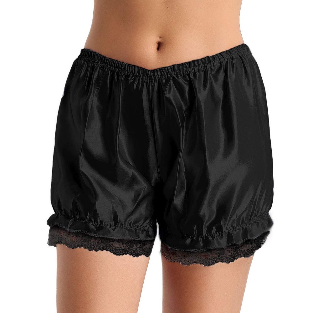 Hularka Womens Shiny Satin Lace Pumpkin Pants Bloomers Security Shorts Pettipants Underpants Underwear Black Medium
